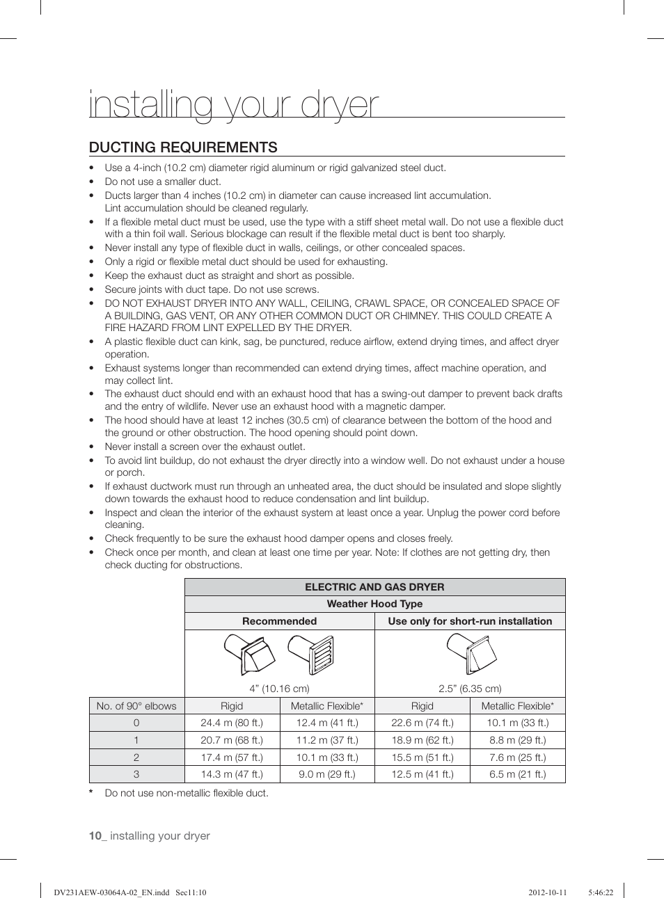 Installing your dryer, Ducting requirements | Samsung DV231AGW-XAA User Manual | Page 10 / 72