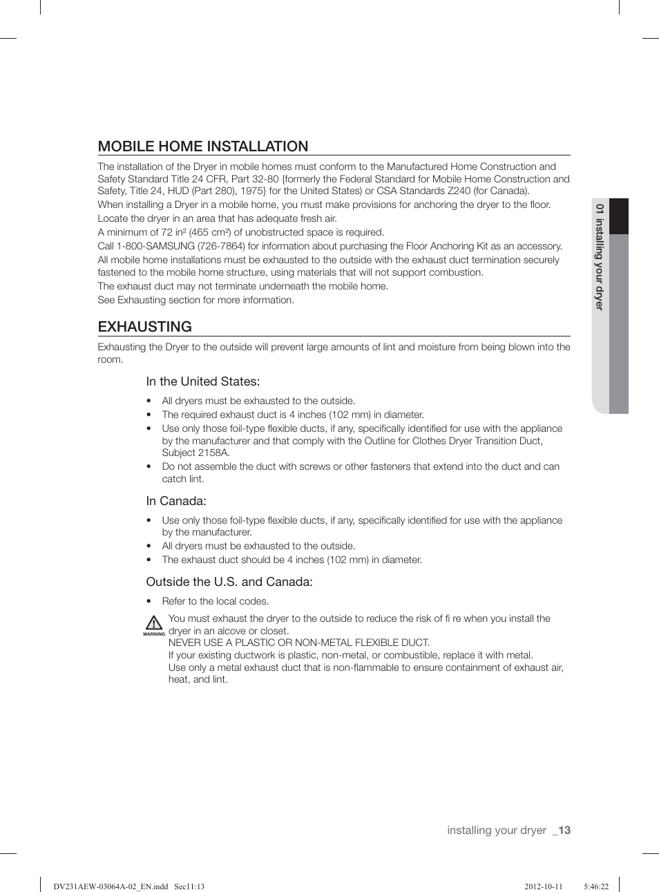 Mobile home installation, Exhausting | Samsung DV231AGW-XAA User Manual | Page 13 / 72