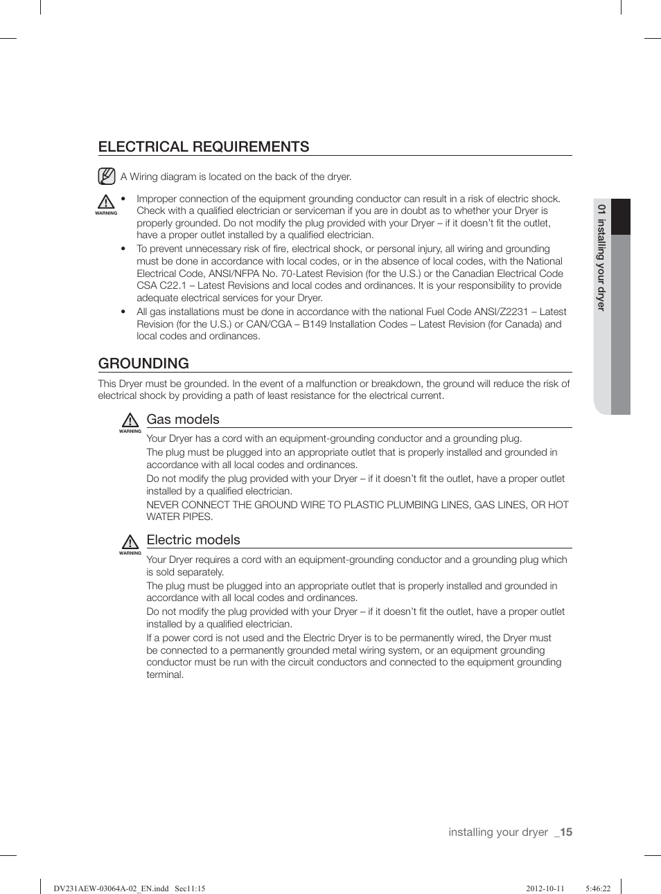 Electrical requirements, Grounding, Gas models | Electric models | Samsung DV231AGW-XAA User Manual | Page 15 / 72