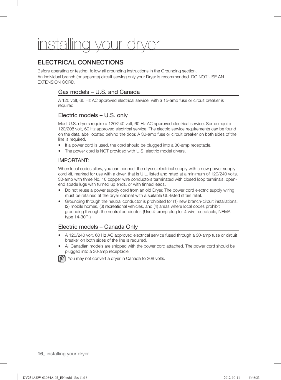 Installing your dryer, Electrical connections | Samsung DV231AGW-XAA User Manual | Page 16 / 72