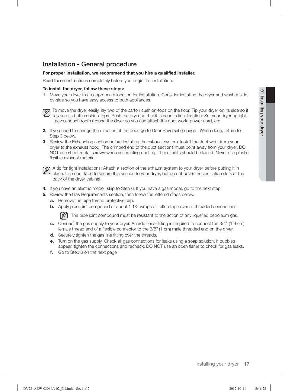 Installation - general procedure | Samsung DV231AGW-XAA User Manual | Page 17 / 72