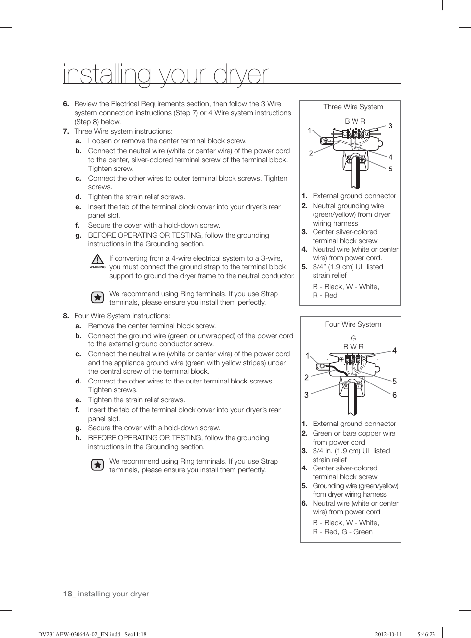 Installing your dryer | Samsung DV231AGW-XAA User Manual | Page 18 / 72