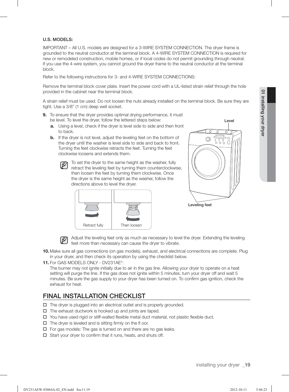 Final installation checklist | Samsung DV231AGW-XAA User Manual | Page 19 / 72