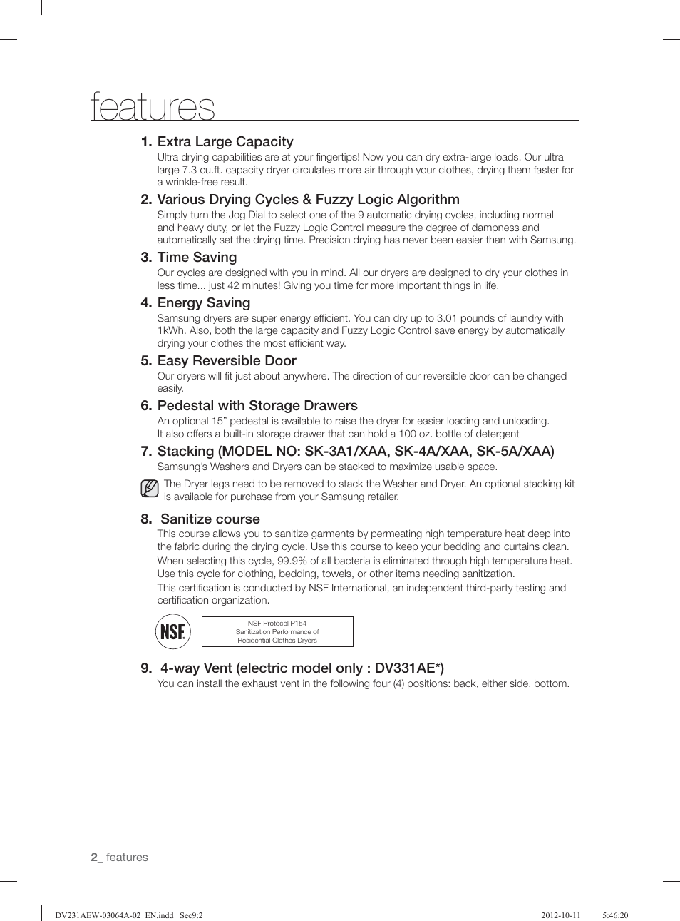 Features | Samsung DV231AGW-XAA User Manual | Page 2 / 72