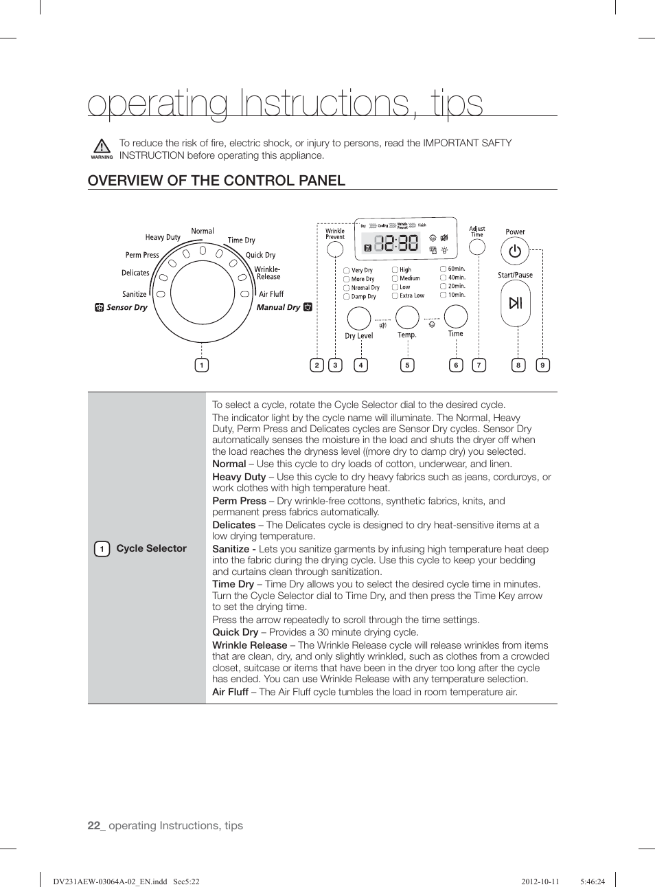 Operating instructions, tips, Overview of the control panel | Samsung DV231AGW-XAA User Manual | Page 22 / 72