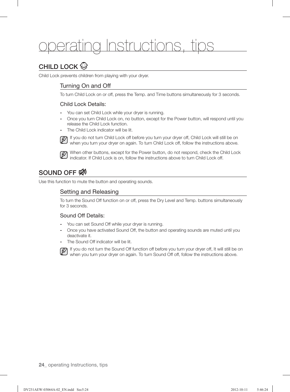 Operating instructions, tips, Child lock, Sound off | Samsung DV231AGW-XAA User Manual | Page 24 / 72