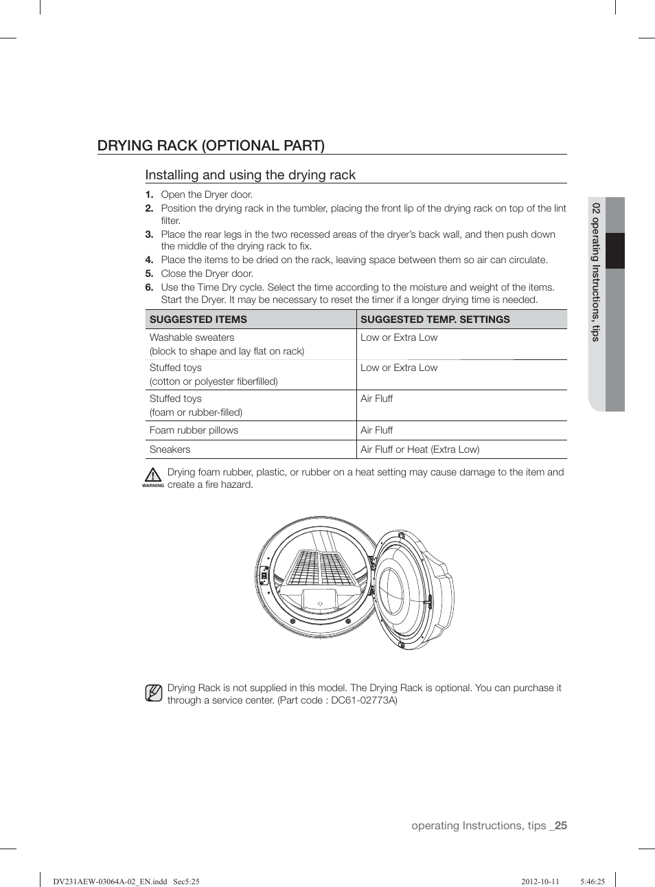 Drying rack (optional part), Installing and using the drying rack | Samsung DV231AGW-XAA User Manual | Page 25 / 72