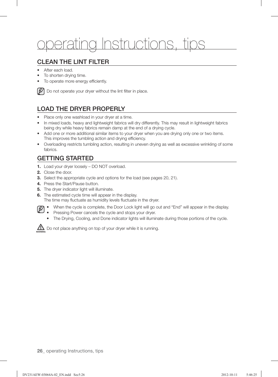 Operating instructions, tips, Clean the lint filter, Load the dryer properly | Getting started | Samsung DV231AGW-XAA User Manual | Page 26 / 72