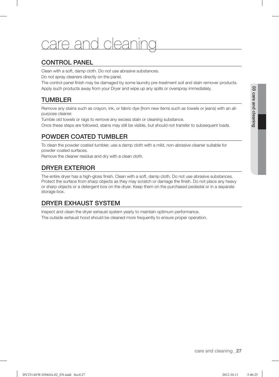 Care and cleaning, Control panel, Tumbler | Powder coated tumbler, Dryer exterior, Dryer exhaust system | Samsung DV231AGW-XAA User Manual | Page 27 / 72