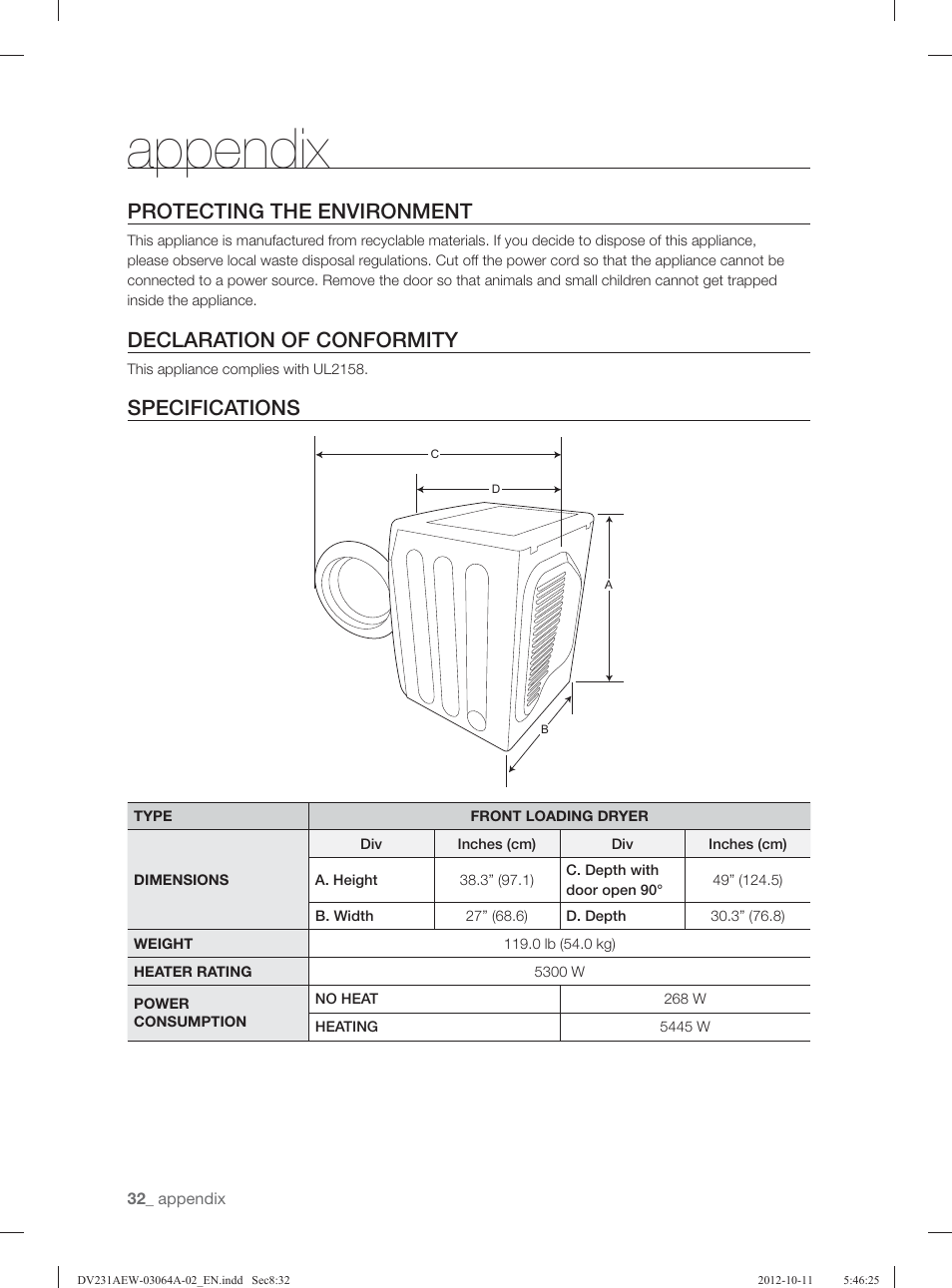 Appendix, Protecting the environment, Declaration of conformity | Specifications | Samsung DV231AGW-XAA User Manual | Page 32 / 72
