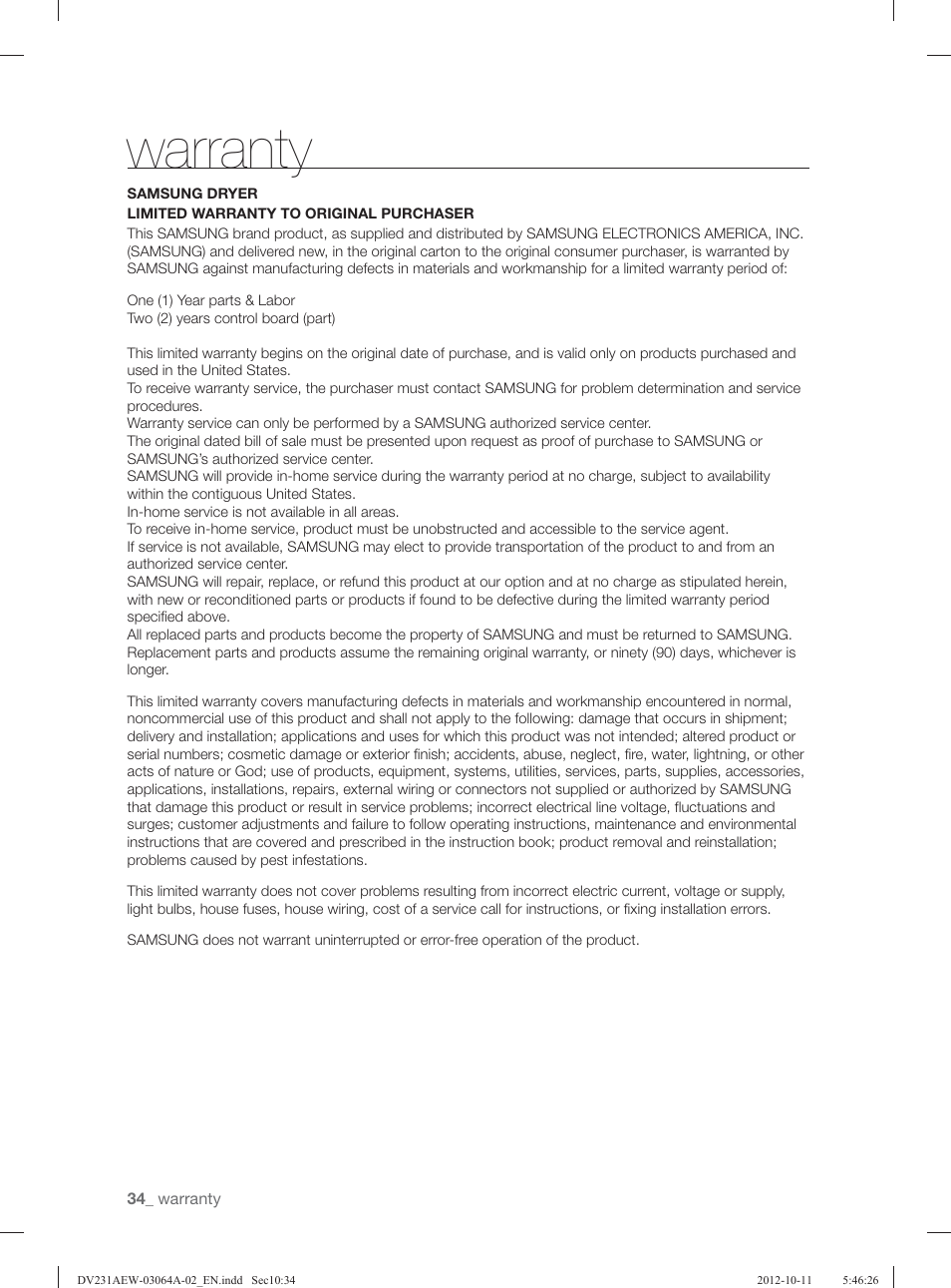 Warranty | Samsung DV231AGW-XAA User Manual | Page 34 / 72