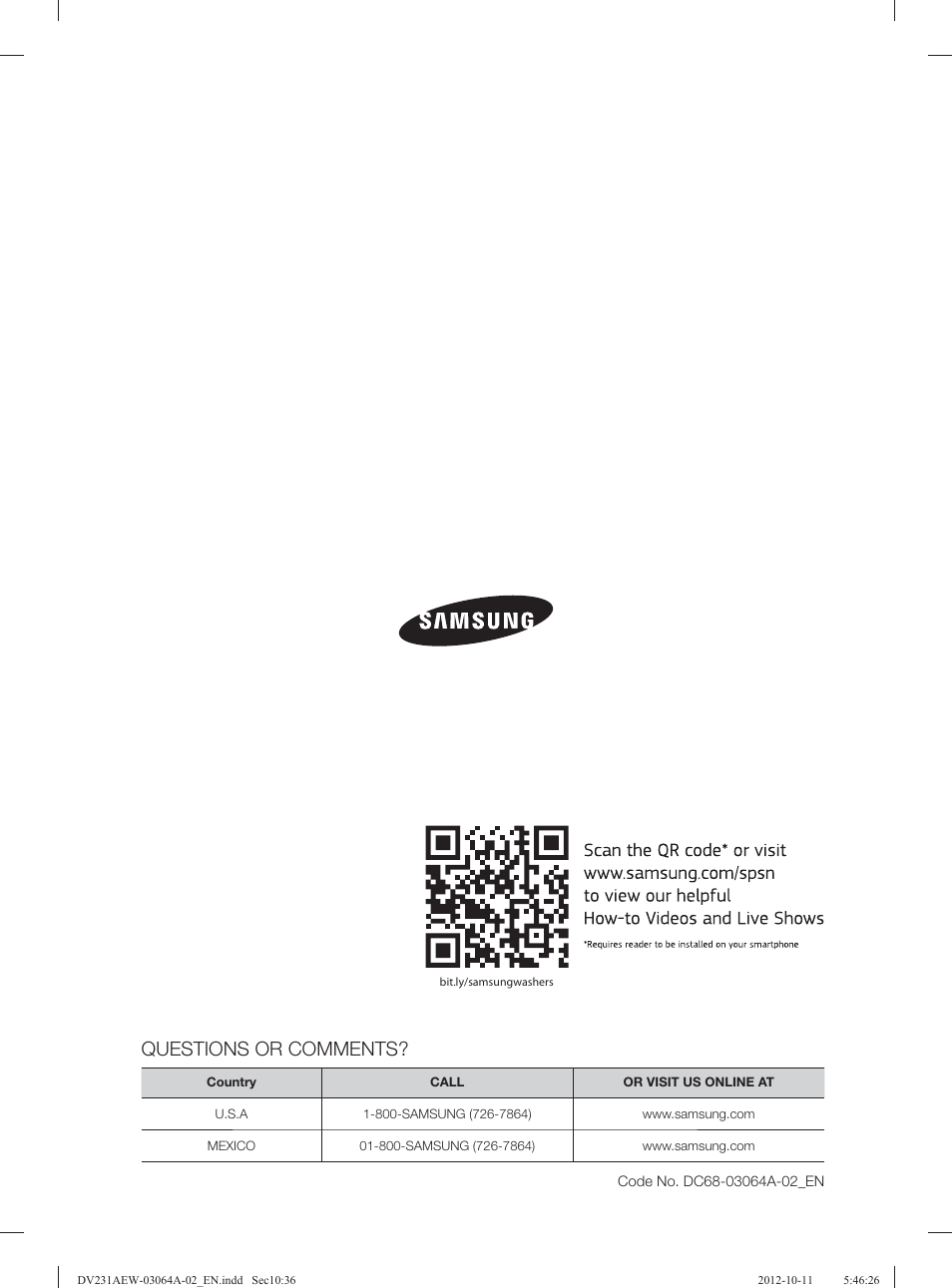 Questions or comments | Samsung DV231AGW-XAA User Manual | Page 36 / 72