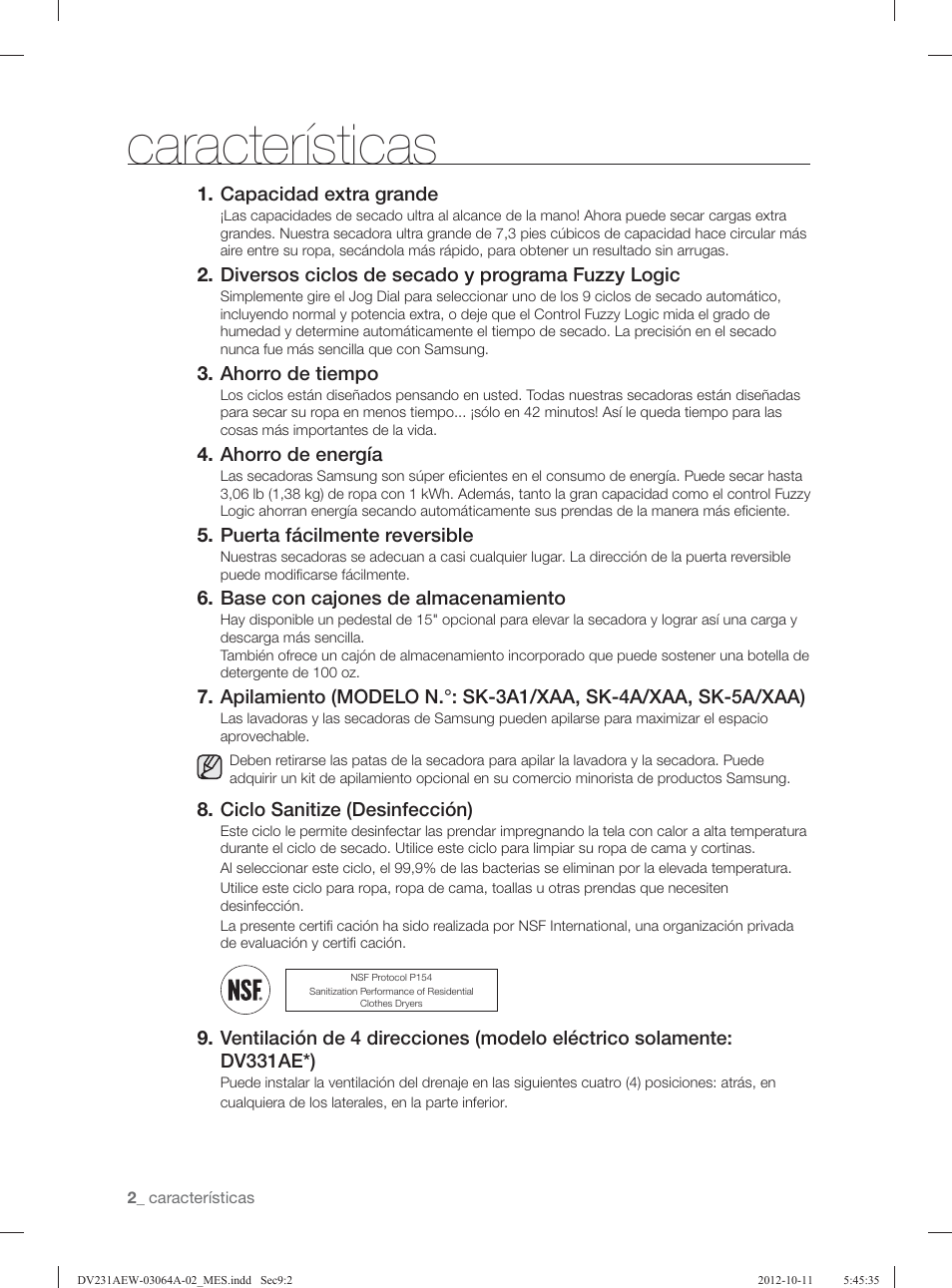 Características | Samsung DV231AGW-XAA User Manual | Page 38 / 72