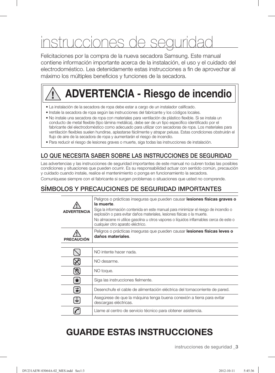 Instrucciones de seguridad, Advertencia - riesgo de incendio, Guarde estas instrucciones | Símbolos y precauciones de seguridad importantes | Samsung DV231AGW-XAA User Manual | Page 39 / 72