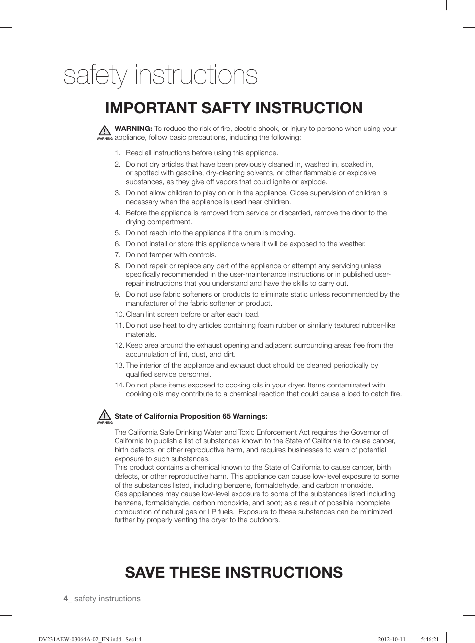 Safety instructions, Save these instructions, Important safty instruction | Samsung DV231AGW-XAA User Manual | Page 4 / 72