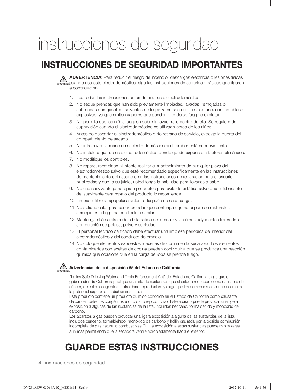 Instrucciones de seguridad, Guarde estas instrucciones, Instrucciones de seguridad importantes | Samsung DV231AGW-XAA User Manual | Page 40 / 72