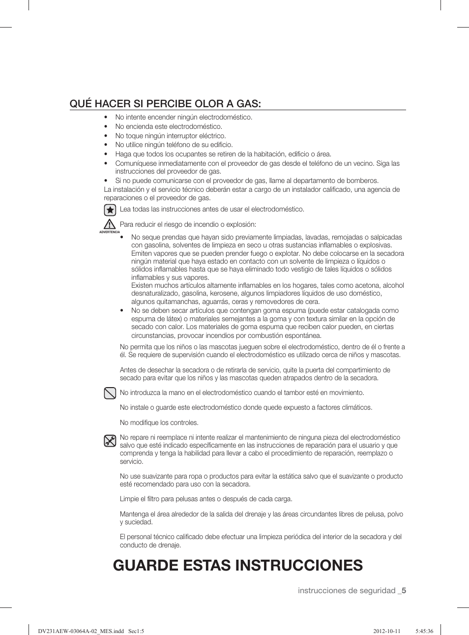 Guarde estas instrucciones, Qué hacer si percibe olor a gas | Samsung DV231AGW-XAA User Manual | Page 41 / 72