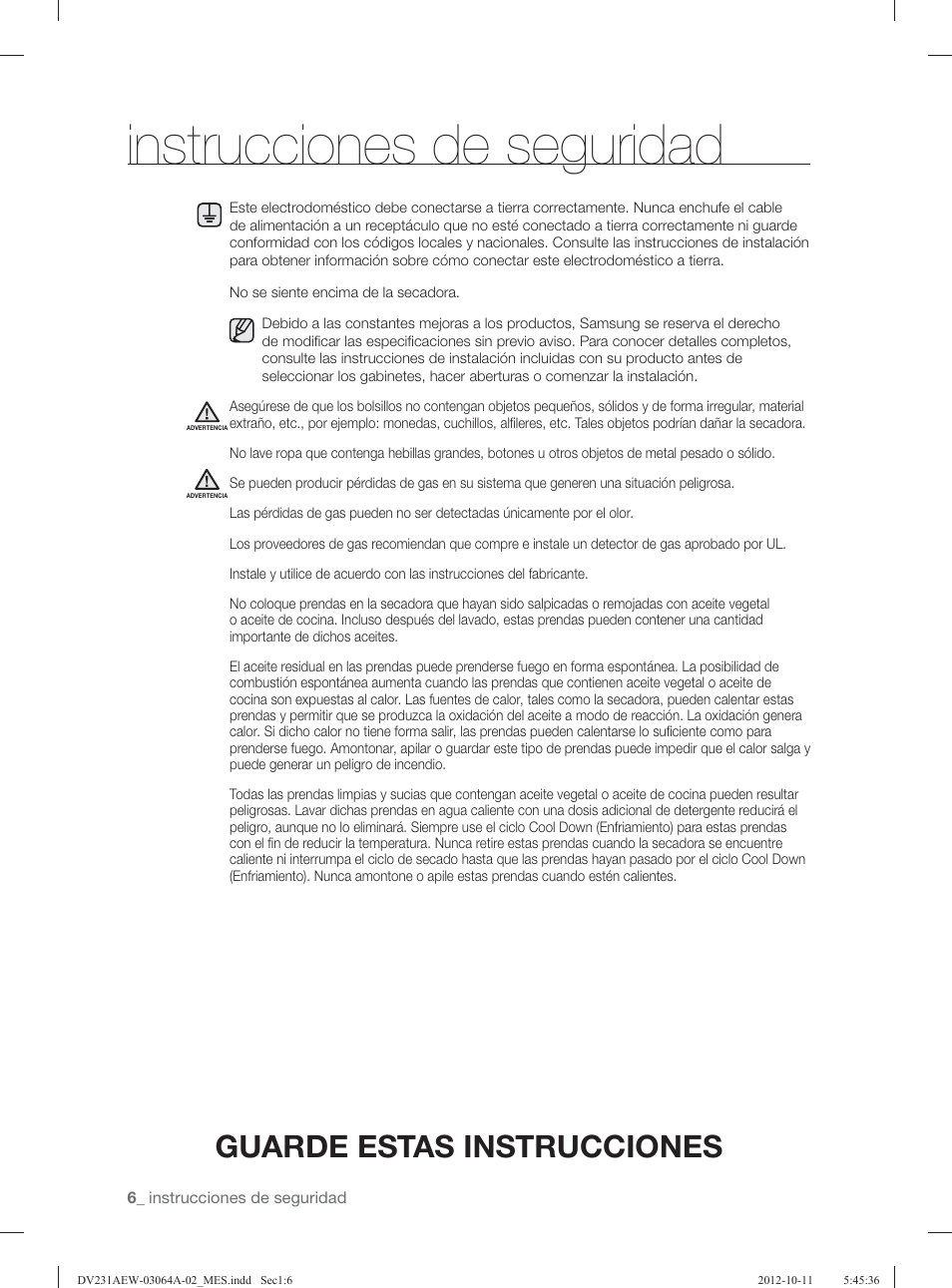 Instrucciones de seguridad, Guarde estas instrucciones | Samsung DV231AGW-XAA User Manual | Page 42 / 72