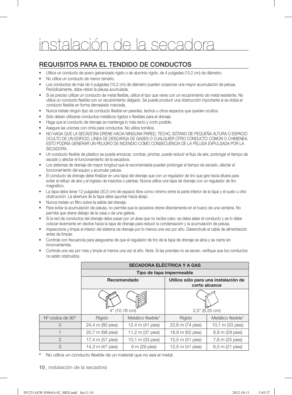Instalación de la secadora, Requisitos para el tendido de conductos | Samsung DV231AGW-XAA User Manual | Page 46 / 72