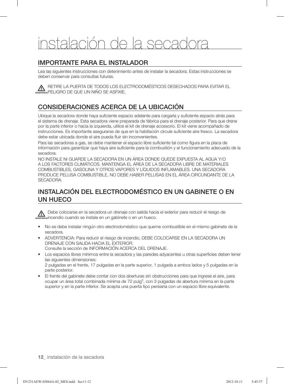 Instalación de la secadora, Importante para el instalador, Consideraciones acerca de la ubicación | Samsung DV231AGW-XAA User Manual | Page 48 / 72
