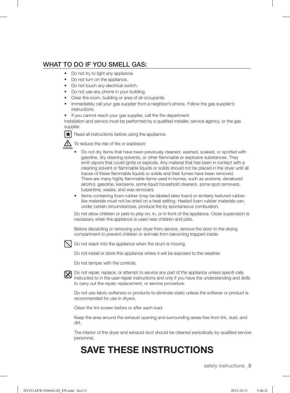 Save these instructions, What to do if you smell gas | Samsung DV231AGW-XAA User Manual | Page 5 / 72