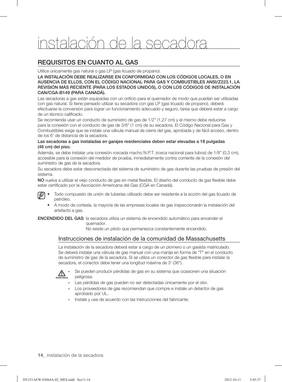 Instalación de la secadora, Requisitos en cuanto al gas | Samsung DV231AGW-XAA User Manual | Page 50 / 72