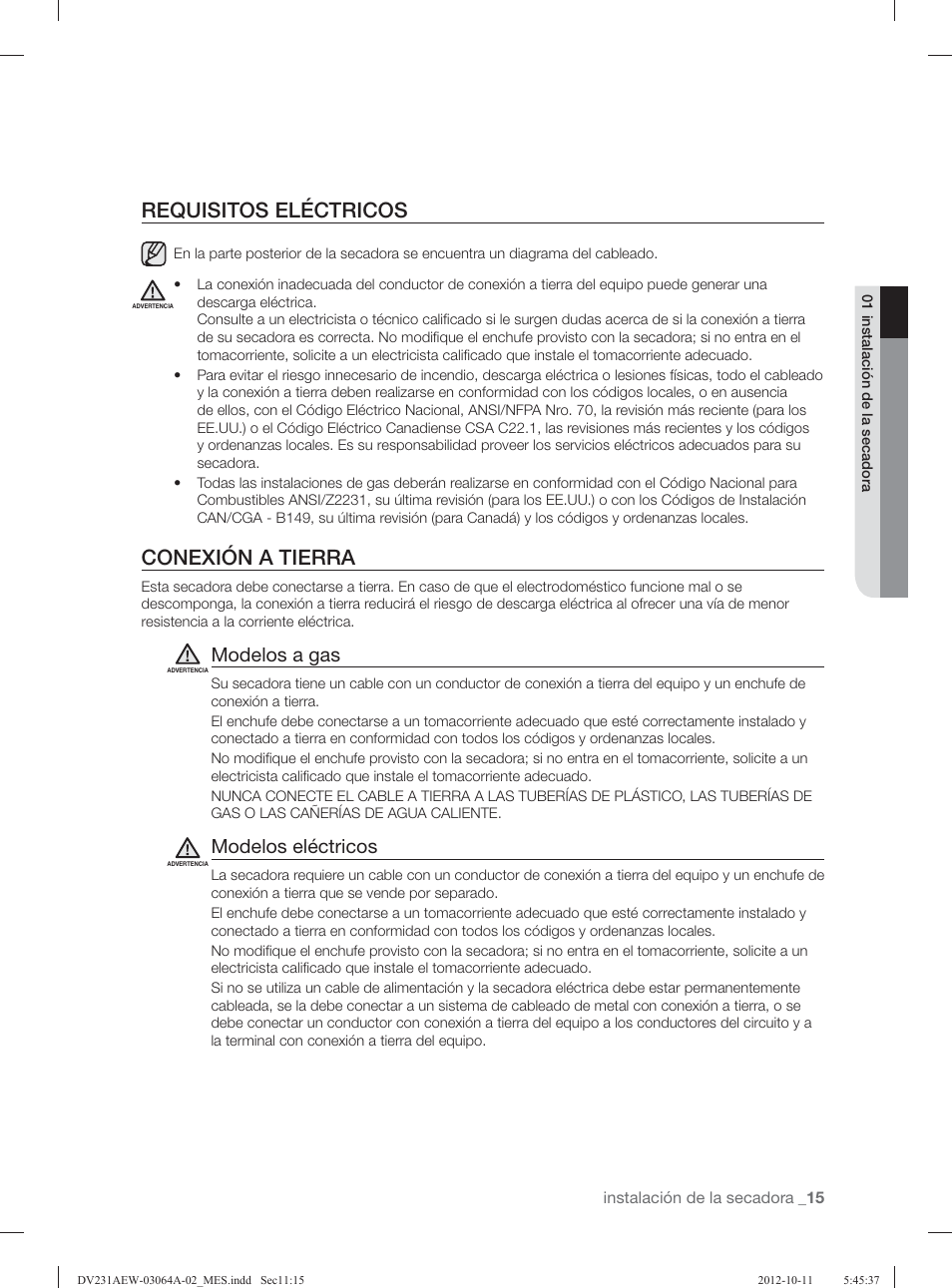 Requisitos eléctricos, Conexión a tierra, Modelos a gas | Modelos eléctricos | Samsung DV231AGW-XAA User Manual | Page 51 / 72