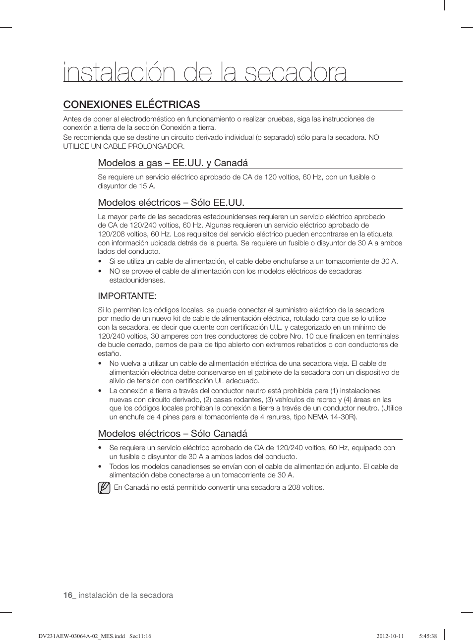 Instalación de la secadora, Conexiones eléctricas | Samsung DV231AGW-XAA User Manual | Page 52 / 72