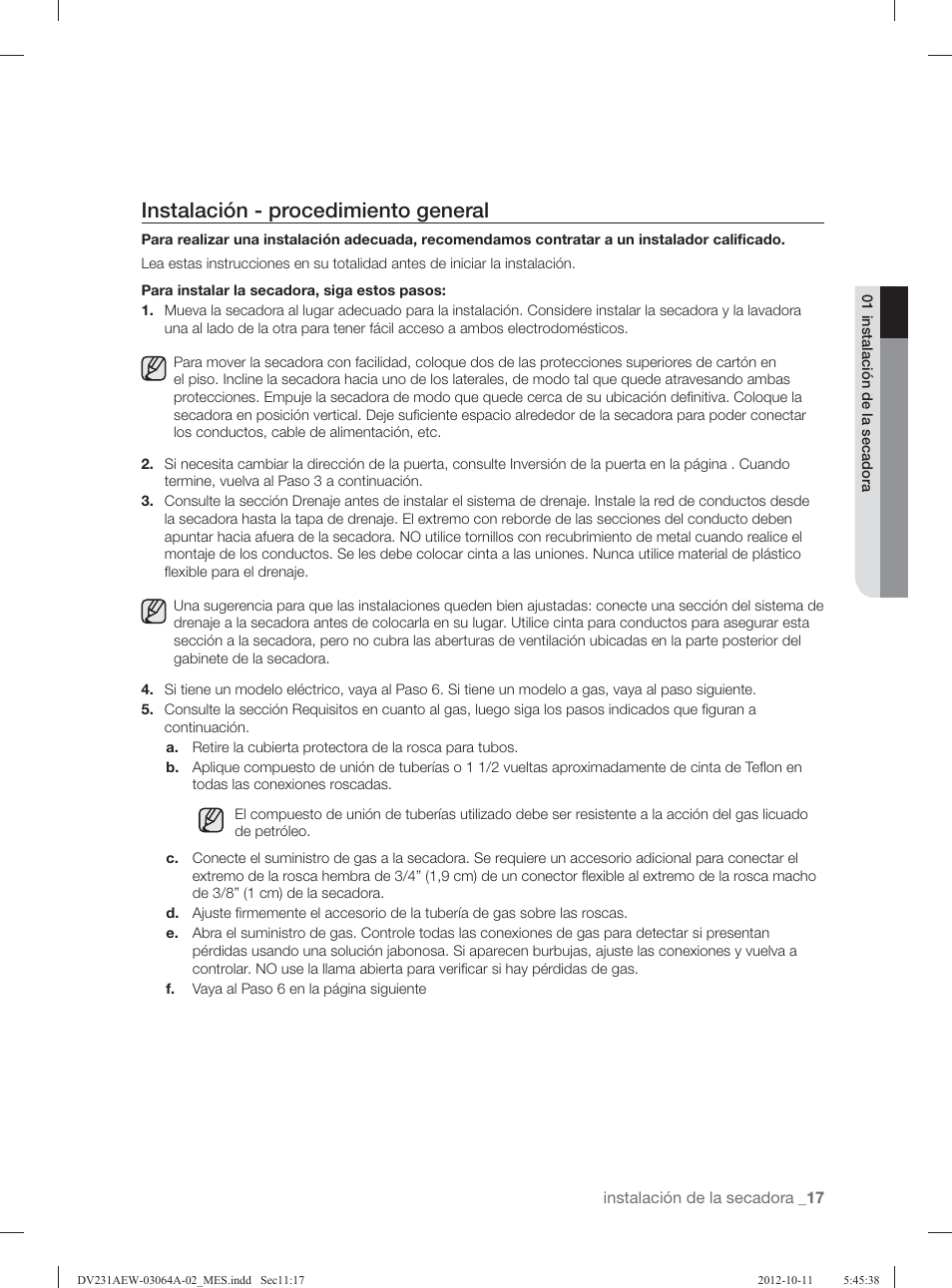 Instalación - procedimiento general | Samsung DV231AGW-XAA User Manual | Page 53 / 72