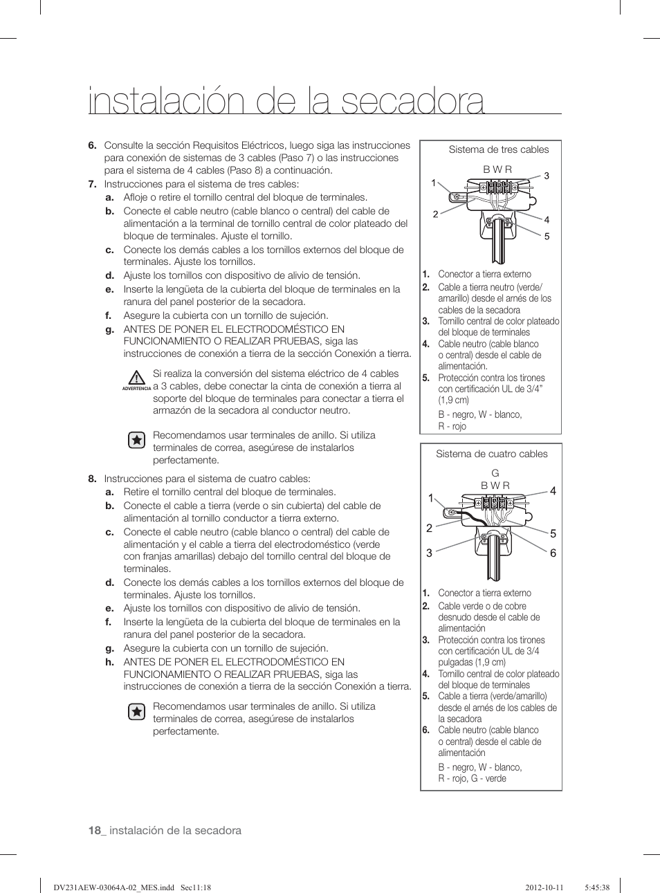 Instalación de la secadora | Samsung DV231AGW-XAA User Manual | Page 54 / 72