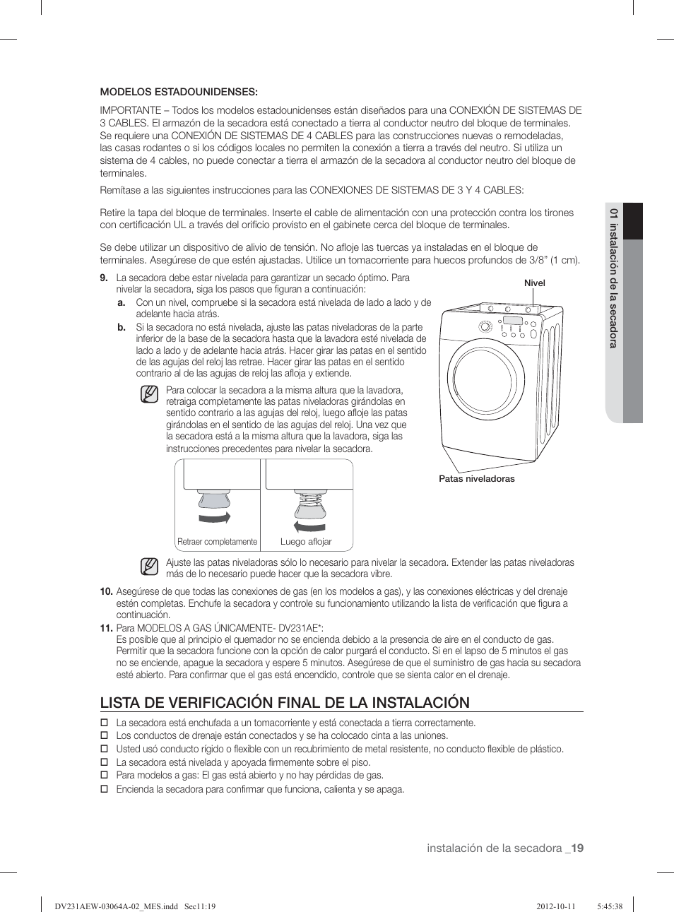 Lista de verificación final de la instalación | Samsung DV231AGW-XAA User Manual | Page 55 / 72