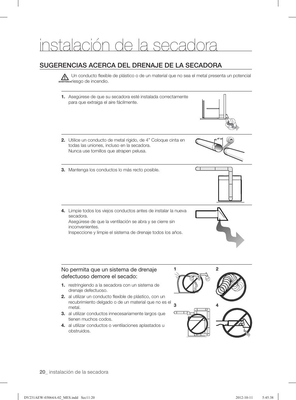 Instalación de la secadora, Sugerencias acerca del drenaje de la secadora | Samsung DV231AGW-XAA User Manual | Page 56 / 72