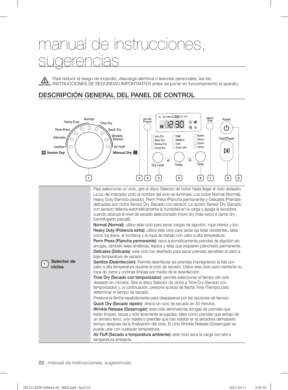 Manual de instrucciones, sugerencias, Descripción general del panel de control | Samsung DV231AGW-XAA User Manual | Page 58 / 72