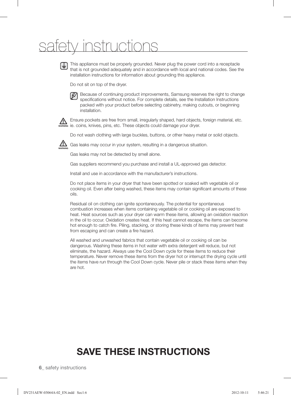 Safety instructions, Save these instructions | Samsung DV231AGW-XAA User Manual | Page 6 / 72