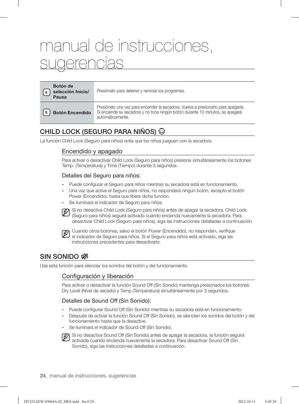 Manual de instrucciones, sugerencias, Child lock (seguro para niños), Sin sonido | Encendido y apagado, Conﬁ guración y liberación | Samsung DV231AGW-XAA User Manual | Page 60 / 72