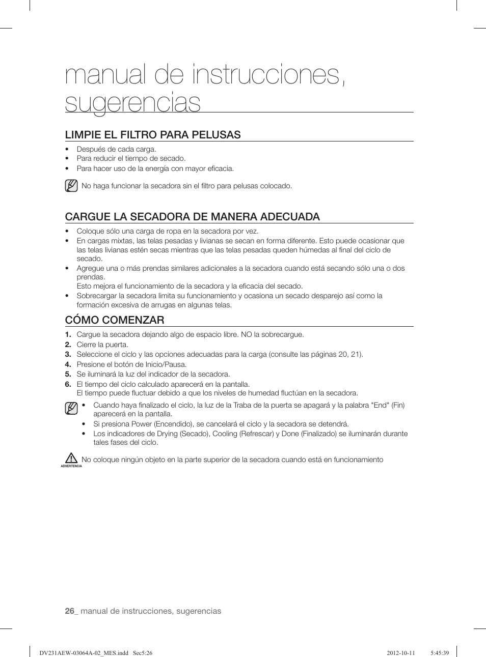 Manual de instrucciones, sugerencias, Limpie el filtro para pelusas, Cargue la secadora de manera adecuada | Cómo comenzar | Samsung DV231AGW-XAA User Manual | Page 62 / 72