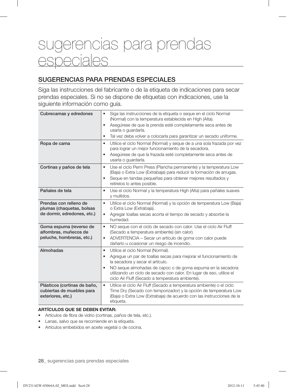 Sugerencias para prendas especiales | Samsung DV231AGW-XAA User Manual | Page 64 / 72