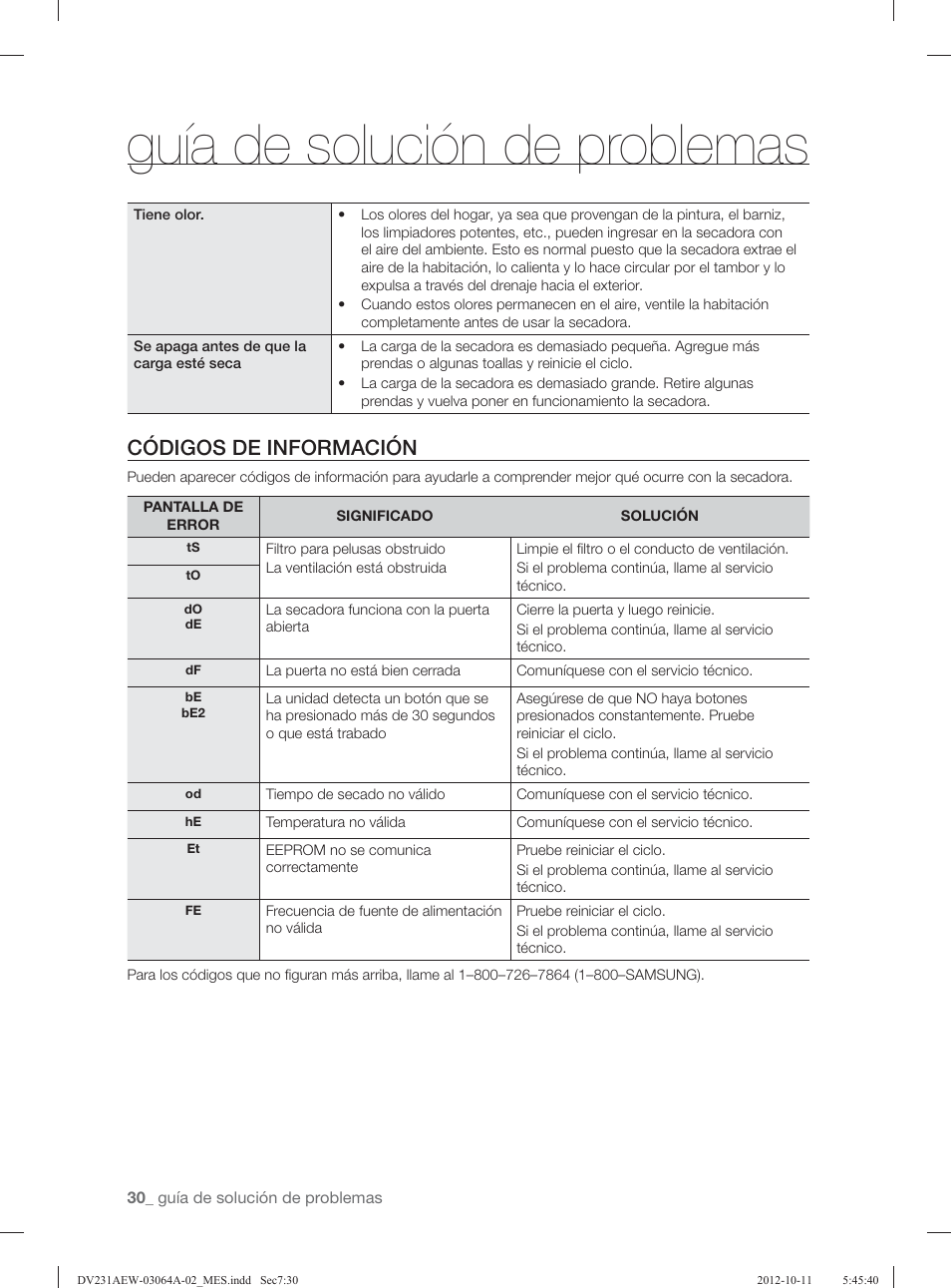 Guía de solución de problemas, Códigos de información | Samsung DV231AGW-XAA User Manual | Page 66 / 72