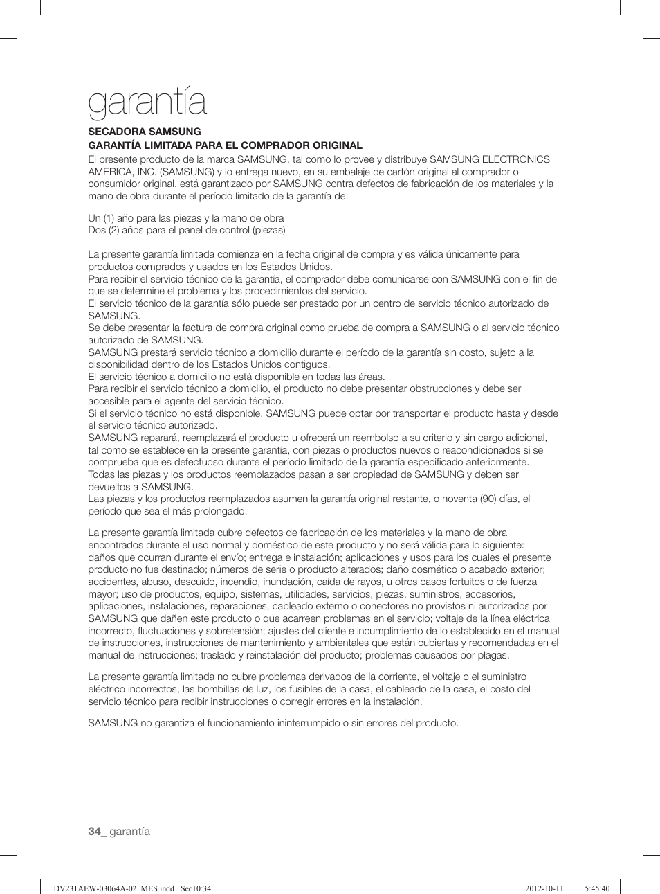 Garantía | Samsung DV231AGW-XAA User Manual | Page 70 / 72