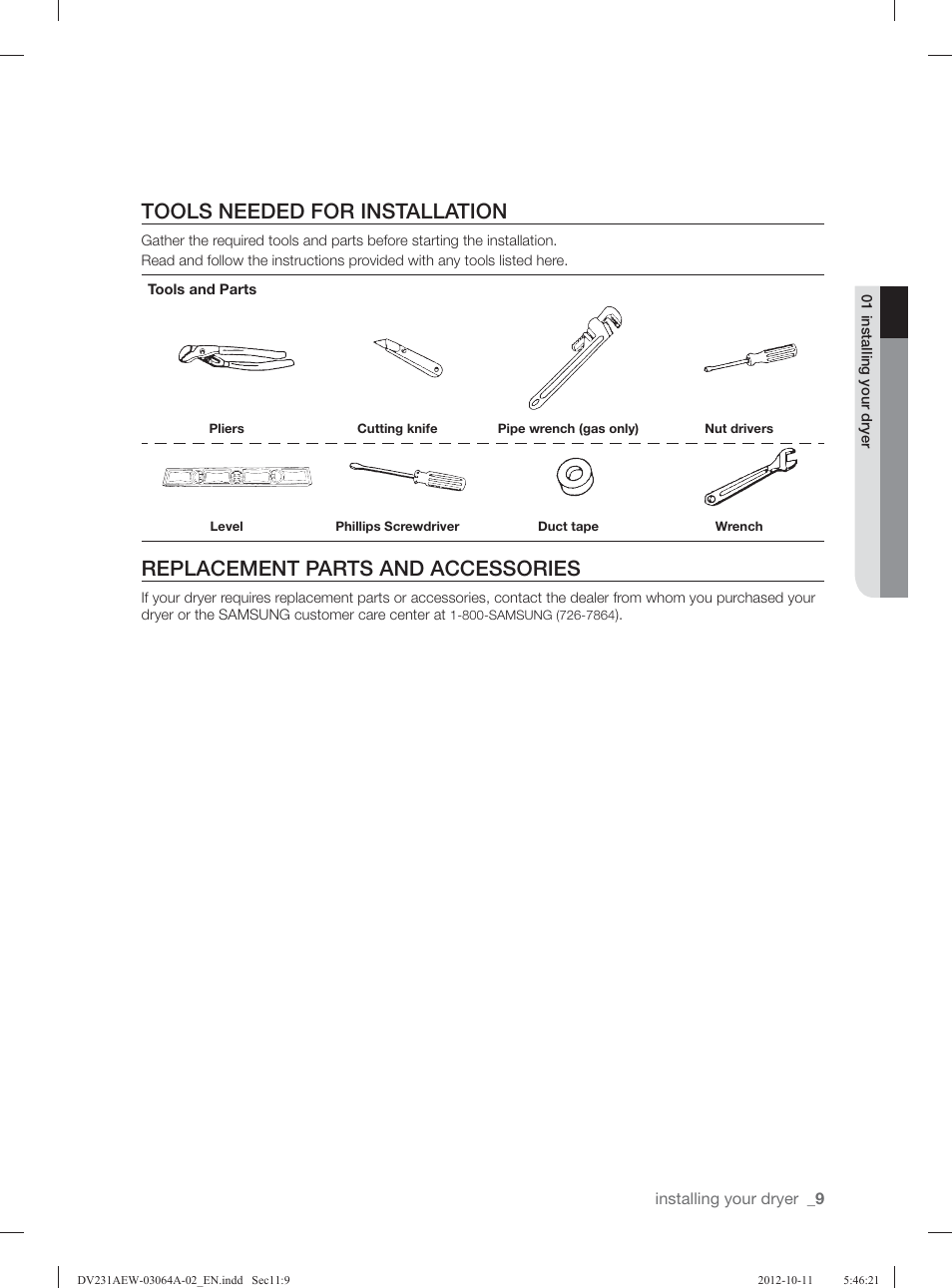 Tools needed for installation, Replacement parts and accessories | Samsung DV231AGW-XAA User Manual | Page 9 / 72