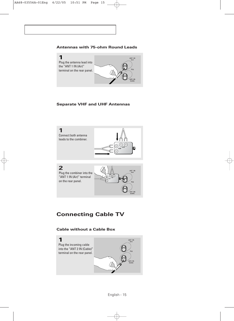 Antennas with 75-ohm round leads, Separate vhf and uhf antennas, Connecting cable tv | Cable without a cable box | Samsung TXR3079WHKXXAC User Manual | Page 15 / 80