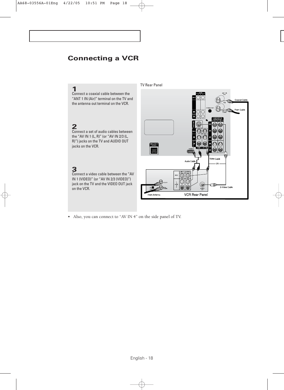 Connecting a vcr | Samsung TXR3079WHKXXAC User Manual | Page 18 / 80