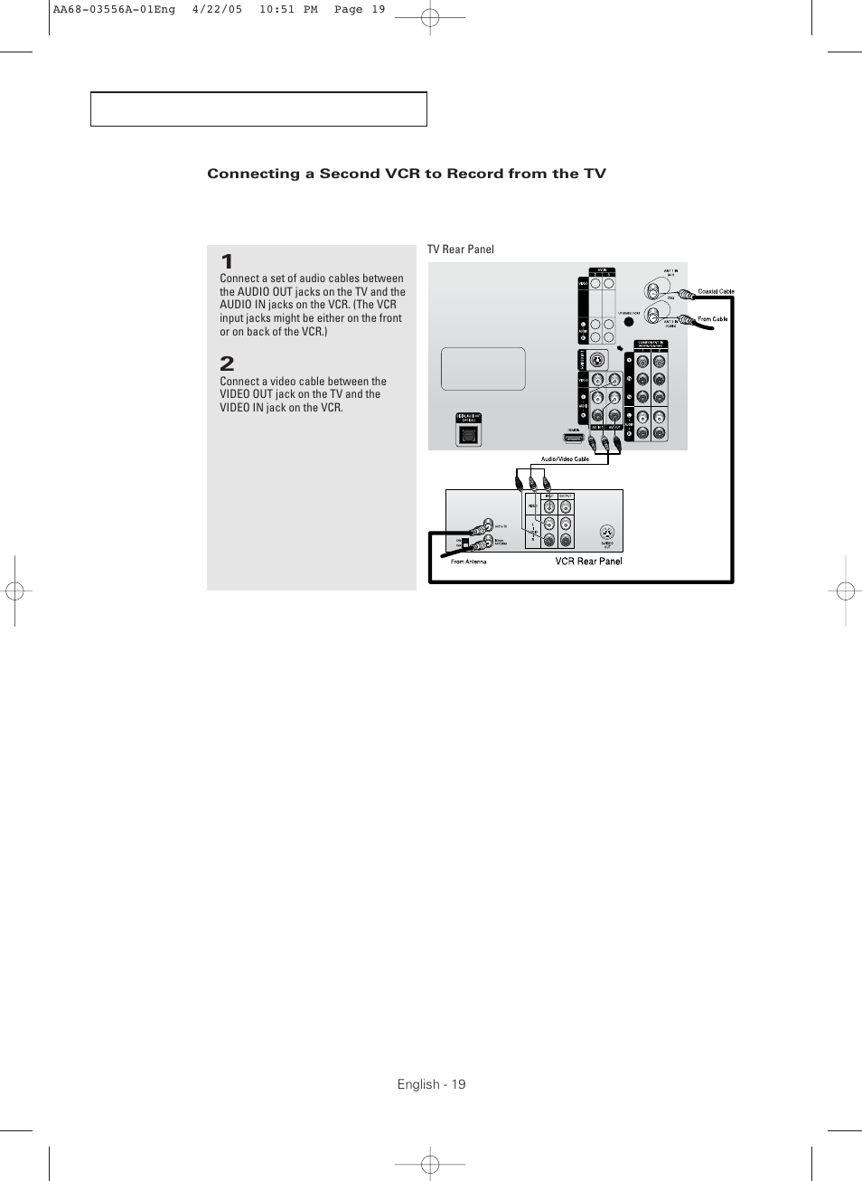 Connecting a second vcr to record from the tv | Samsung TXR3079WHKXXAC User Manual | Page 19 / 80