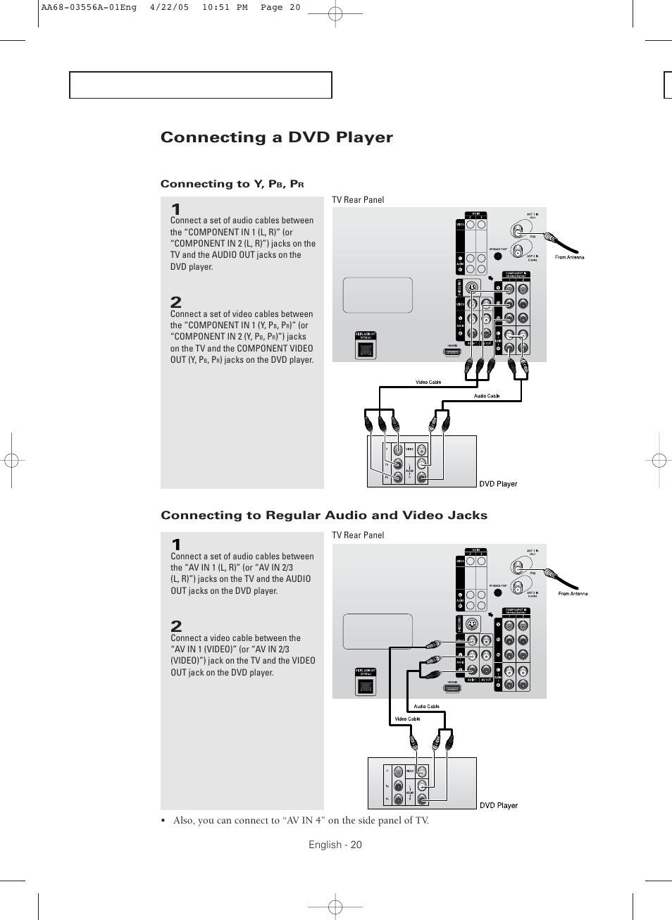 Connecting a dvd player, Connecting to y, pb, pr, Connecting to regular audio and video jacks | Samsung TXR3079WHKXXAC User Manual | Page 20 / 80