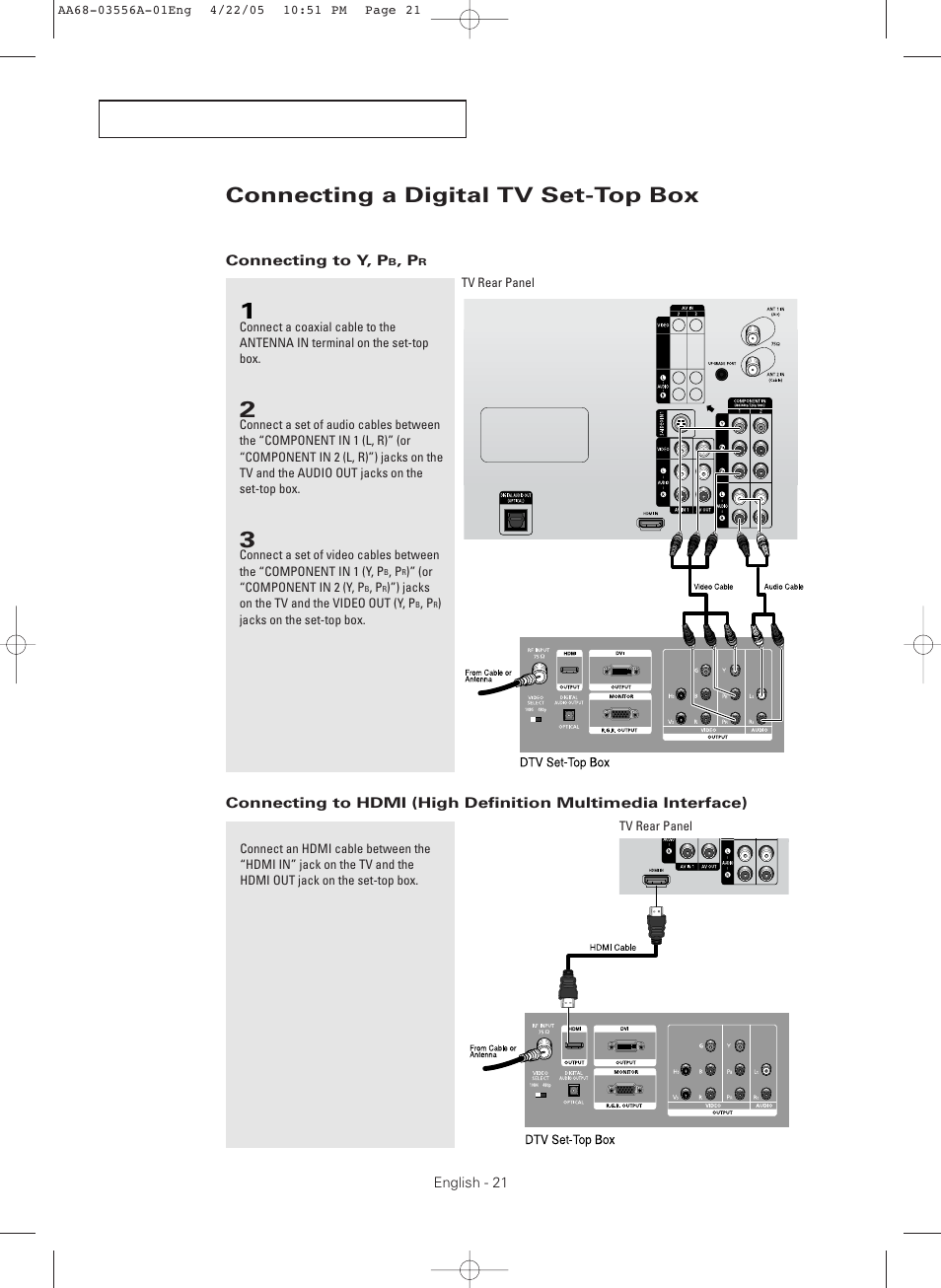Connecting a digital tv set-top box, Connecting to y, pb, pr | Samsung TXR3079WHKXXAC User Manual | Page 21 / 80
