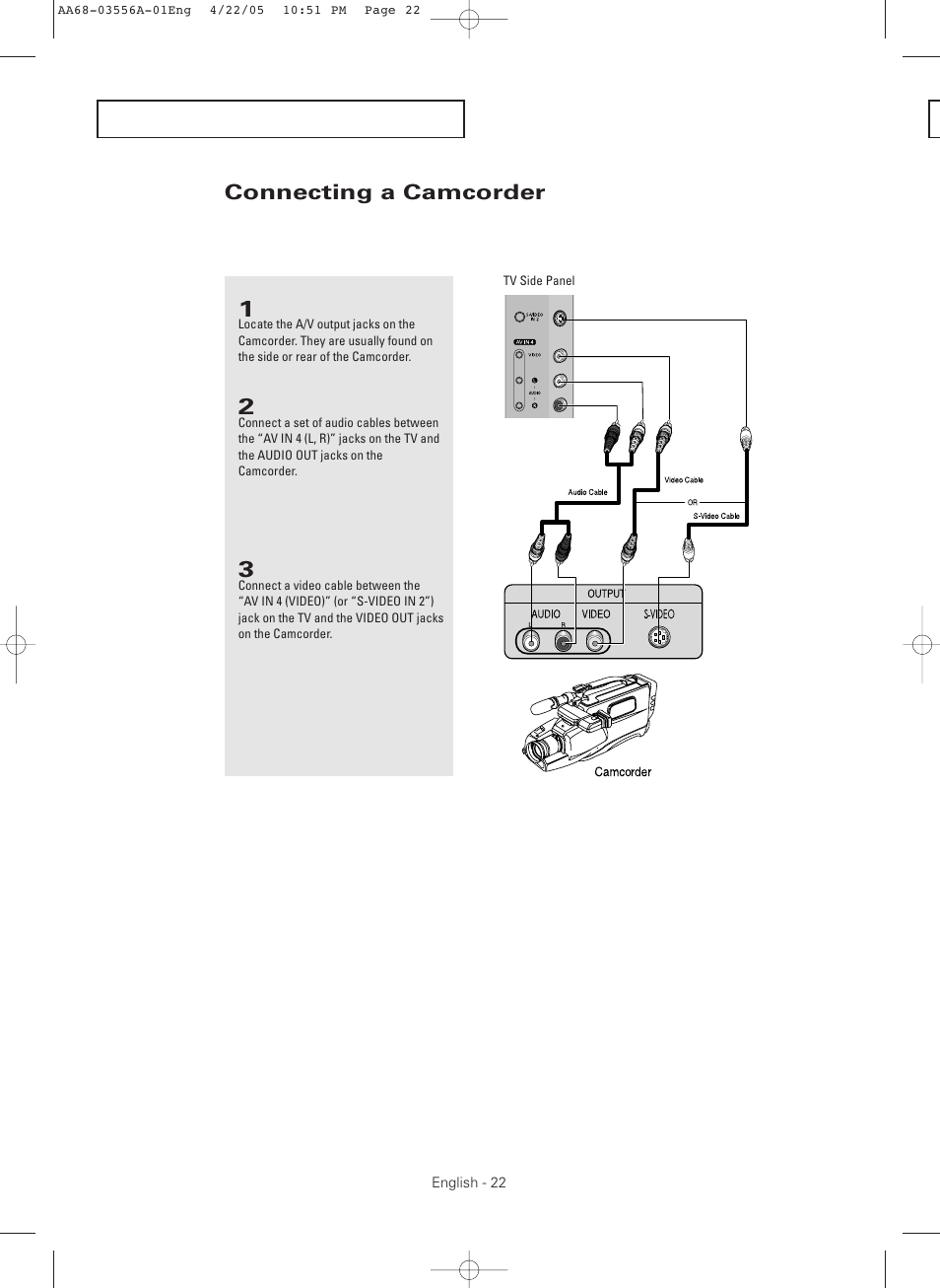 Connecting a camcorder | Samsung TXR3079WHKXXAC User Manual | Page 22 / 80