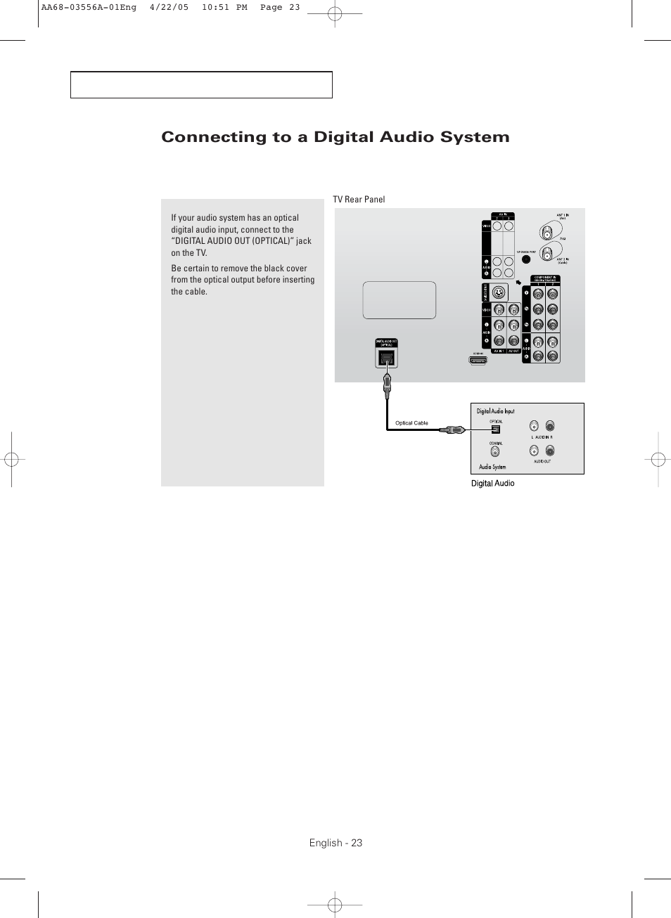 Connecting to a digital audio system | Samsung TXR3079WHKXXAC User Manual | Page 23 / 80