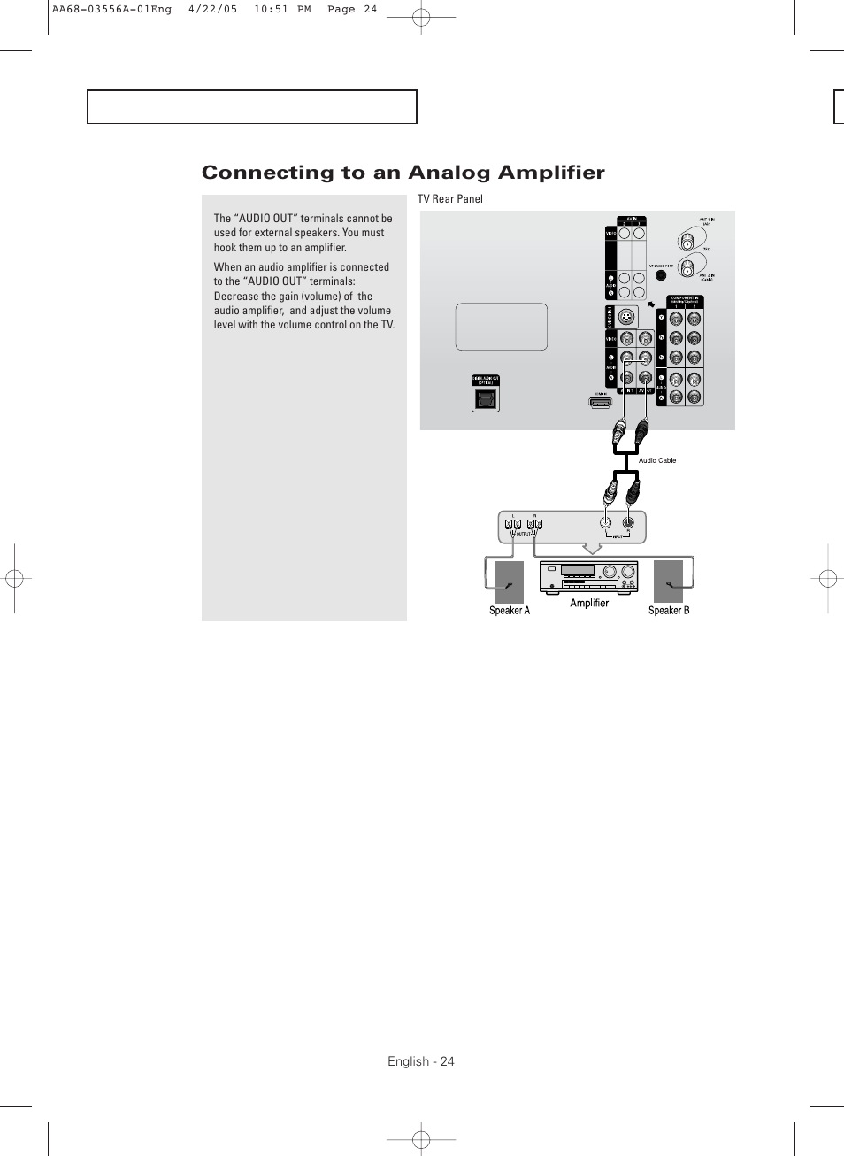 Connecting to an analog amplifier | Samsung TXR3079WHKXXAC User Manual | Page 24 / 80