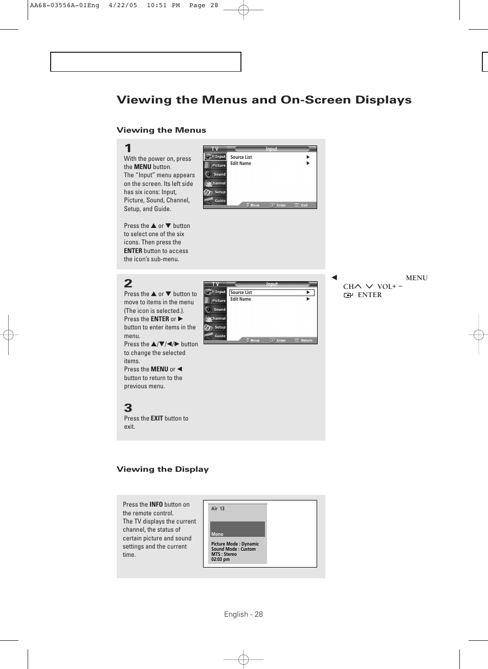 Viewing the menus and on-screen displays, Viewing the menus, Viewing the display | Samsung TXR3079WHKXXAC User Manual | Page 28 / 80