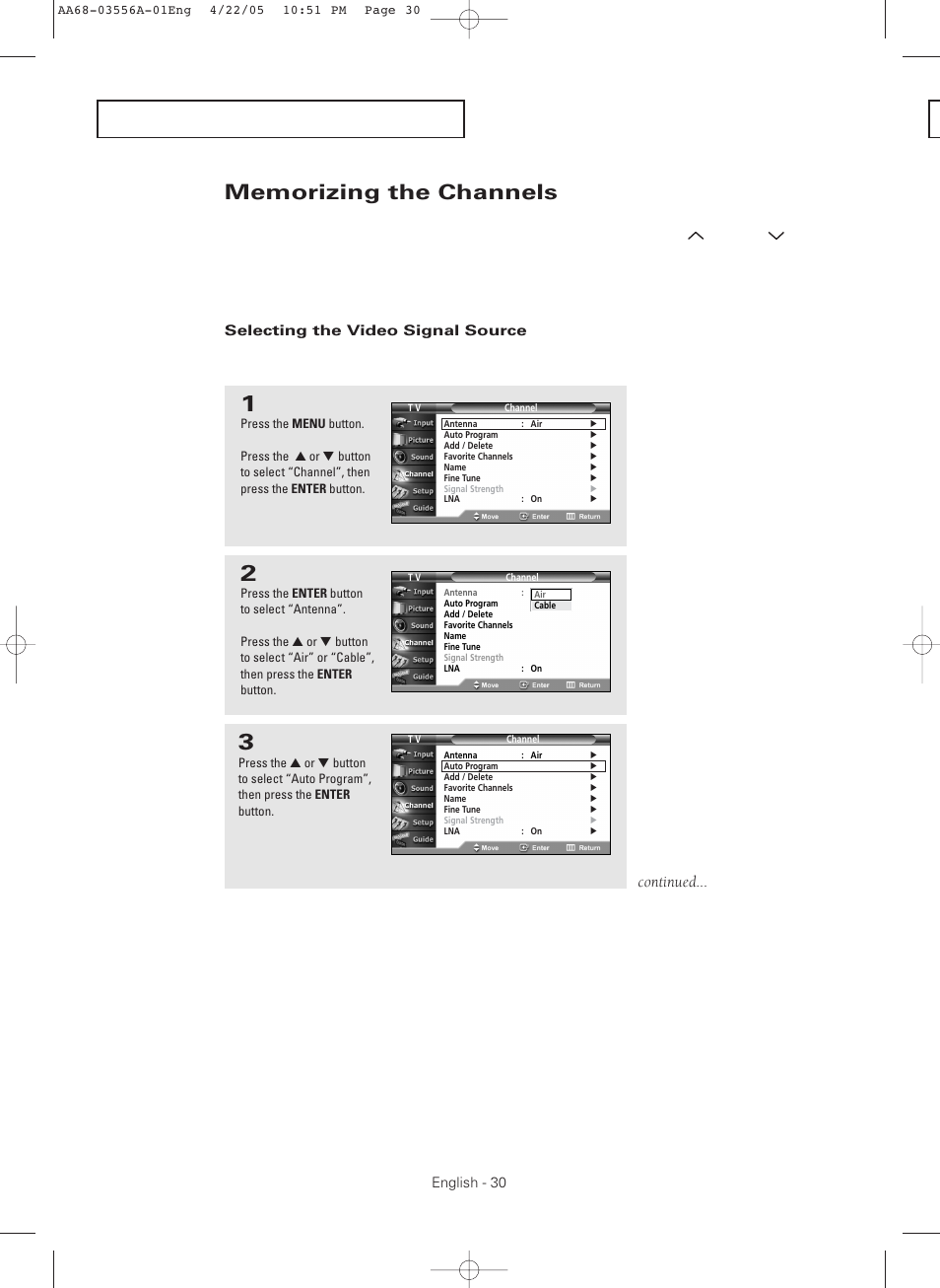 Memorizing the channels, Selecting the video signal source, Continued | Samsung TXR3079WHKXXAC User Manual | Page 30 / 80